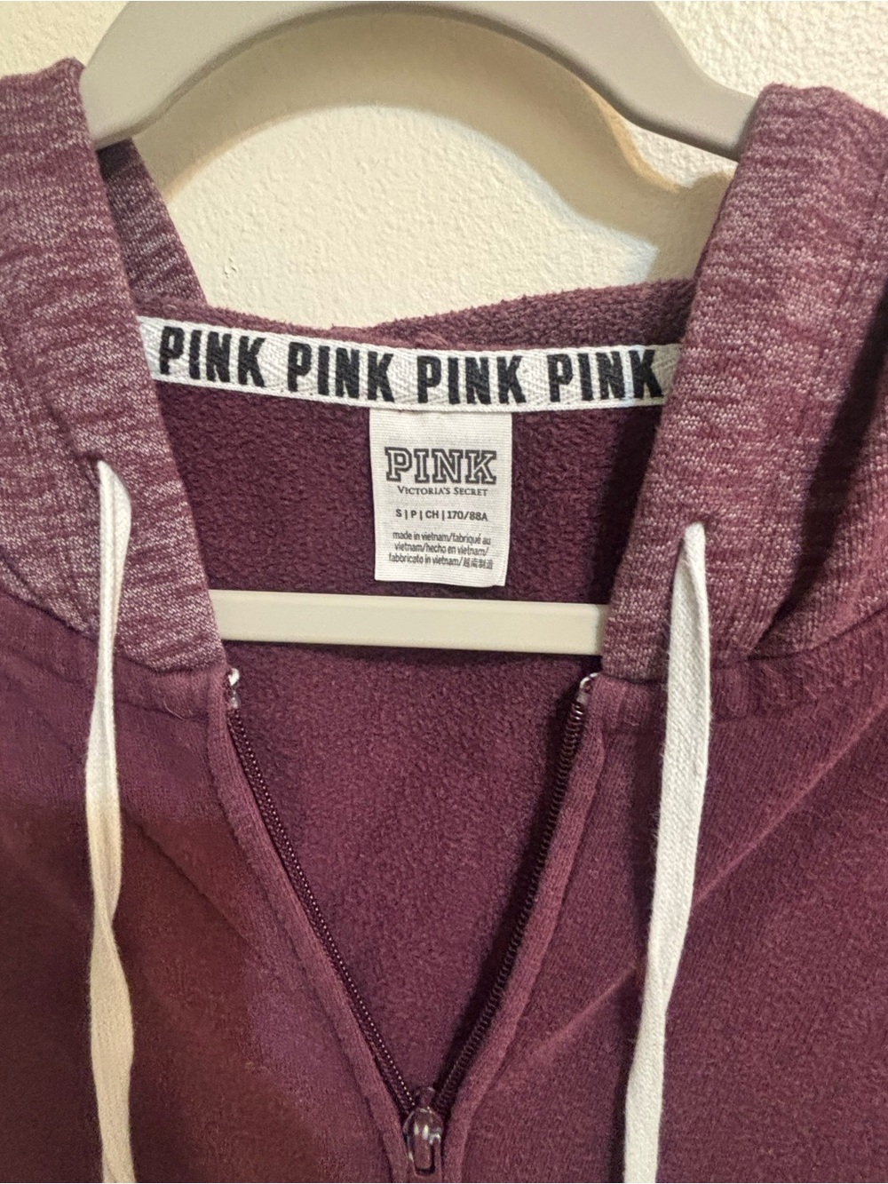 PINK Victoria's Secret Plum Zip-Up Hoodie Sweater with White Drawstrings
